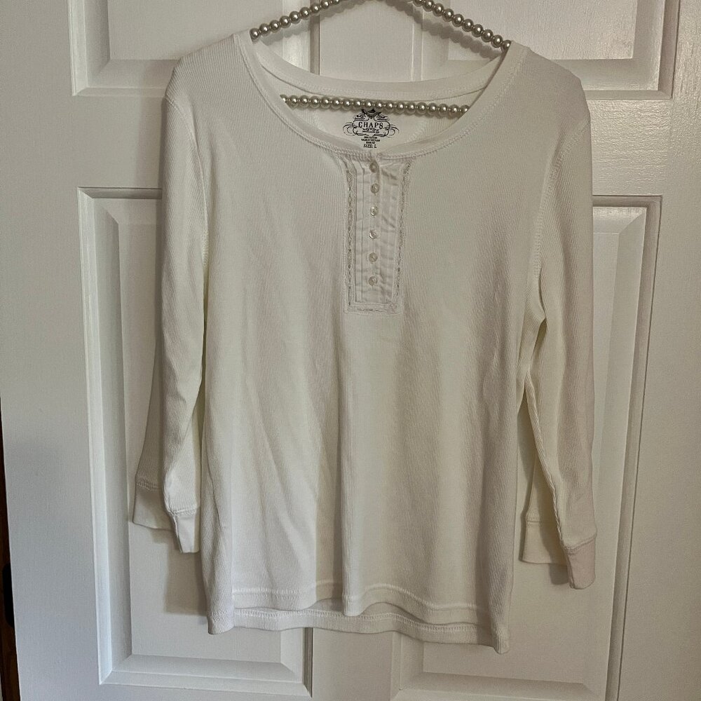 Chaps Ladies White Ribbed 3/4 Sleeve Henley Style Casual Top Size L